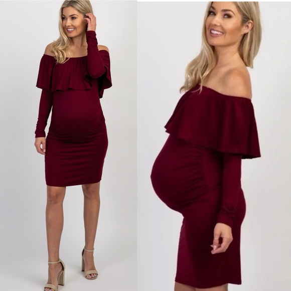 PinkBlush Maroon Burgundy Ruffle Trim Off Shoulder Fitted Maternity Dress - Picture 9 of 9